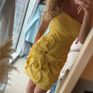 Blush Prom one shoulder yellow jeweled cocktail dress